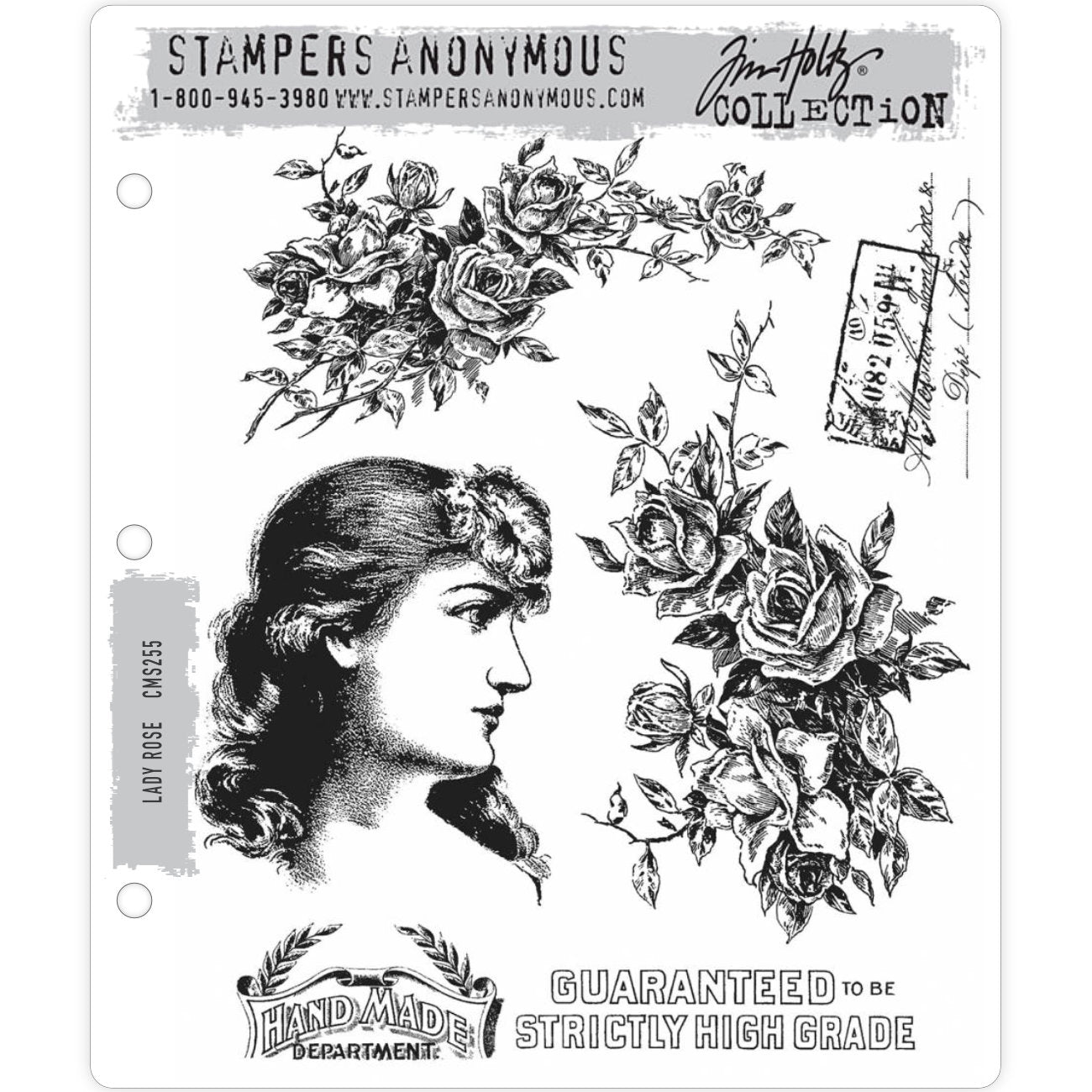 Lady Rose ... Tim Holtz and Stampers Anonymous - cling mounted rubber stamp set with 6 (six) designs (CMS255).   Featuring a beautiful portrait of a young woman wearing flowers in her shoulder length wavy hair (side view, deep in thought) with roses and other stamps.