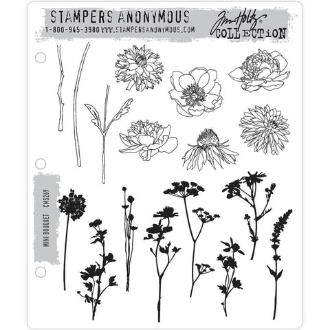 Mini Bouquet ... Cling Rubber Stamps by Tim Holtz. Set of 17 designs (cms269) of flowers, wildflowers, petals and stems. Finely drawn flowers and stems perfect for colouring or leaving as they are. Perfect for watercolour, art journaling, card making or scrapbooking - or just to have fun with colouring. Sizes of these flowers and their stems vary.