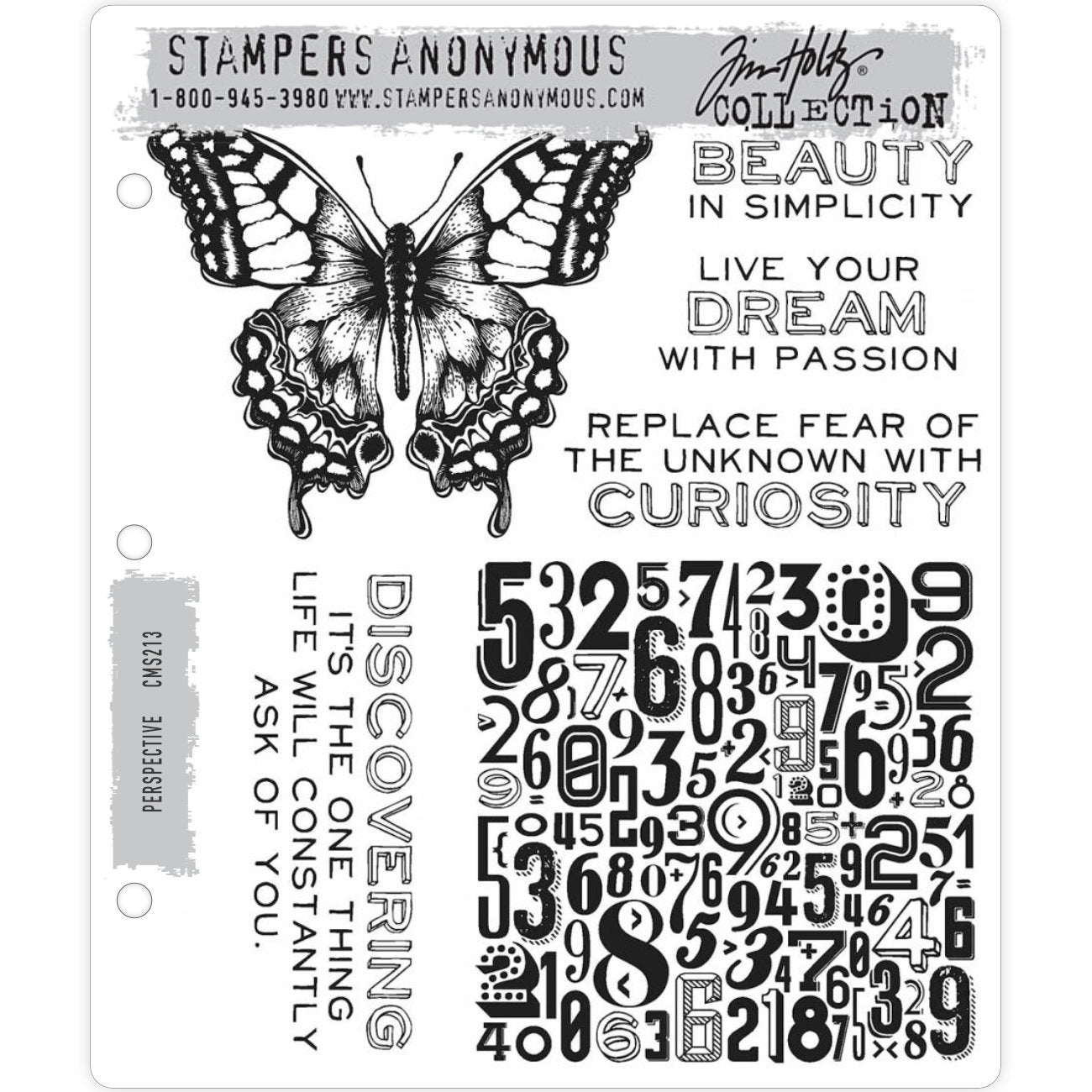 Perspective ... 6 (six) rubber stamps by Tim Holtz (CMS213). 1 big beautiful butterfly, 1 number jumble background square and 4 phrases.  A beautiful versatile set of stamps from Tim Holtz that includes a big beautiful butterfly, 4 quotes and a fabulously jumbled square filled with numbers.  Sizes : Butterfly wingspan and numbered square are both approx 97mm (3 7/8") wide. 