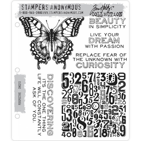 Perspective ... 6 (six) rubber stamps by Tim Holtz (CMS213). 1 big beautiful butterfly, 1 number jumble background square and 4 phrases.  A beautiful versatile set of stamps from Tim Holtz that includes a big beautiful butterfly, 4 quotes and a fabulously jumbled square filled with numbers.  Sizes : Butterfly wingspan and numbered square are both approx 97mm (3 7/8") wide. 
