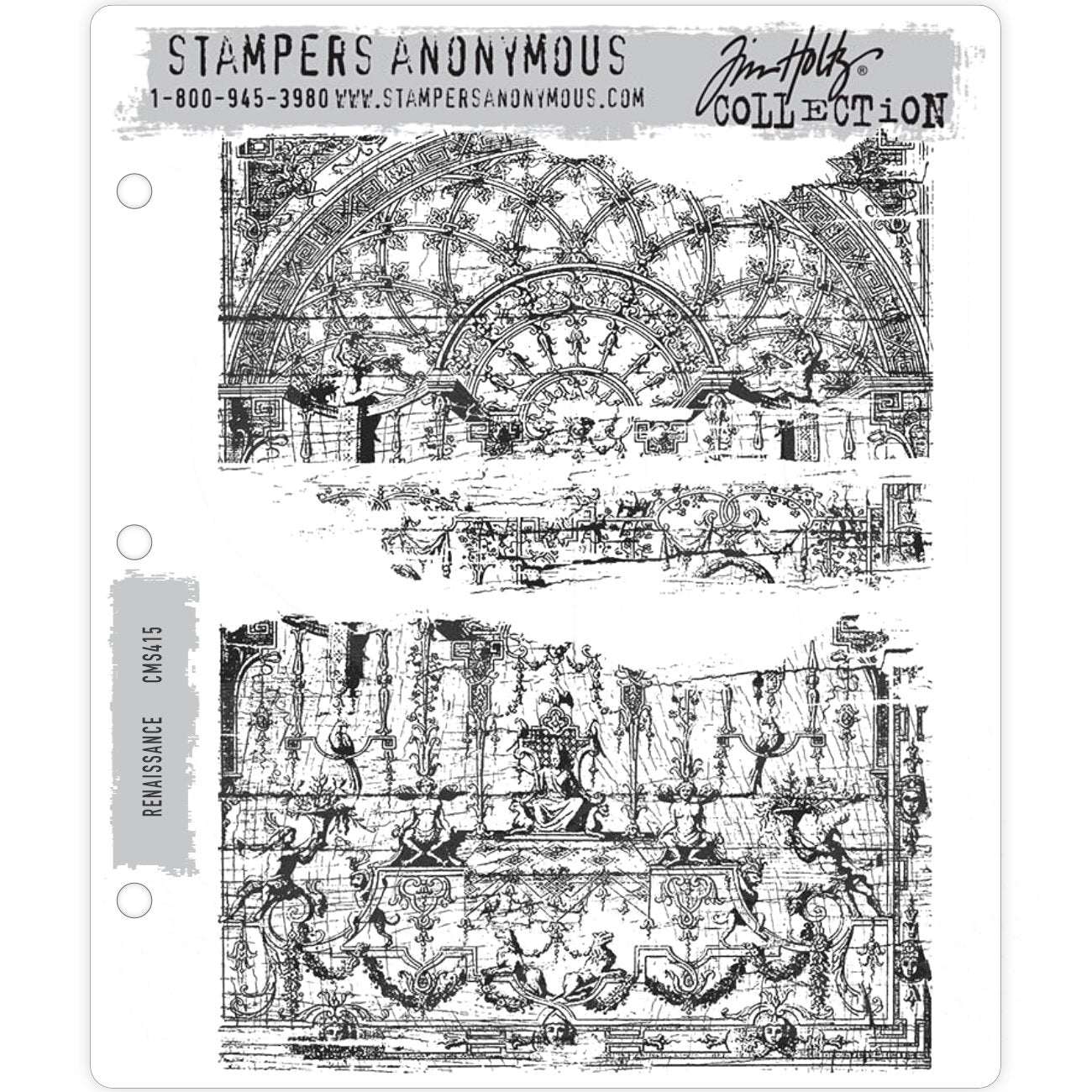 Renaissance ... red rubber stamps by Tim Holtz and Stampers Anonymous featuring a beautifully detailed vintage distressed illustration of an arched cathedral window in two parts. (CMS415). The designs in this set include 2 background sized stamps, perfect all year round! A stunning pair of stamps that work well as a featured area or layered under other elements.