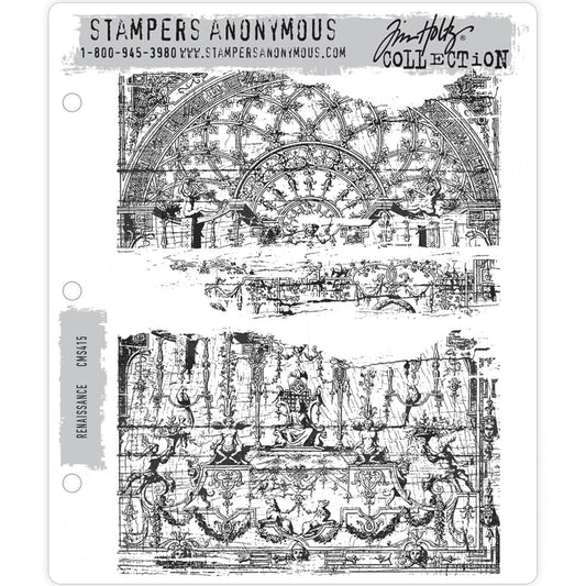 Renaissance ... red rubber stamps by Tim Holtz and Stampers Anonymous featuring a beautifully detailed vintage distressed illustration of an arched cathedral window in two parts. (CMS415). The designs in this set include 2 background sized stamps, perfect all year round! A stunning pair of stamps that work well as a featured area or layered under other elements.