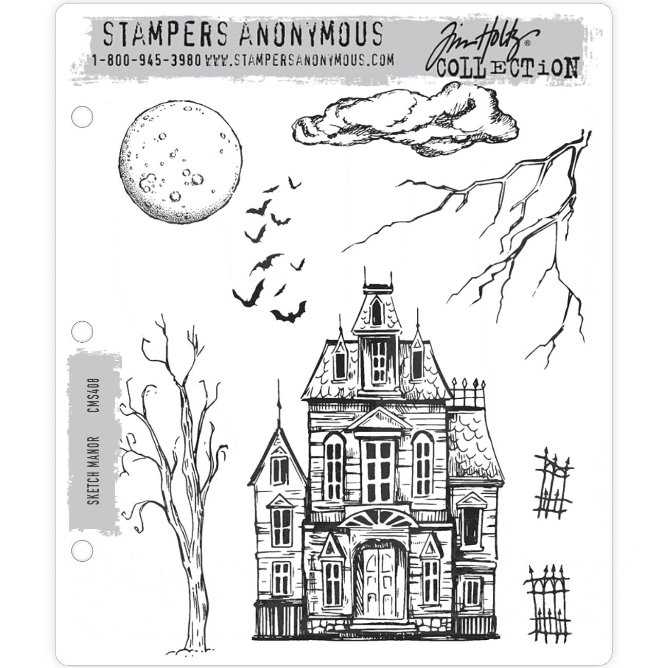 Sketch Manor ... 8 (eight) rubber stamps by Tim Holtz and Stampers Anonymous (CMS408). Large manor house with scenic elements.  Designs include a wonderful large old multistory house with attics, spooky trees, round moon with craters, flying bats, wrought iron fences and clouds for atmosphere.  Sizes (approx) : Haunted house is 3 3/16" x 4 9/16" high and the full moon is 1 9/16" wide.