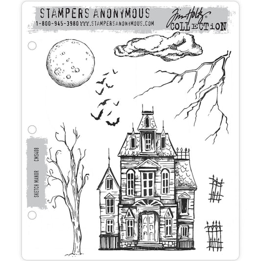 Sketch Manor ... 8 (eight) rubber stamps by Tim Holtz and Stampers Anonymous (CMS408). Large manor house with scenic elements.  Designs include a wonderful large old multistory house with attics, spooky trees, round moon with craters, flying bats, wrought iron fences and clouds for atmosphere.  Sizes (approx) : Haunted house is 3 3/16" x 4 9/16" high and the full moon is 1 9/16" wide.