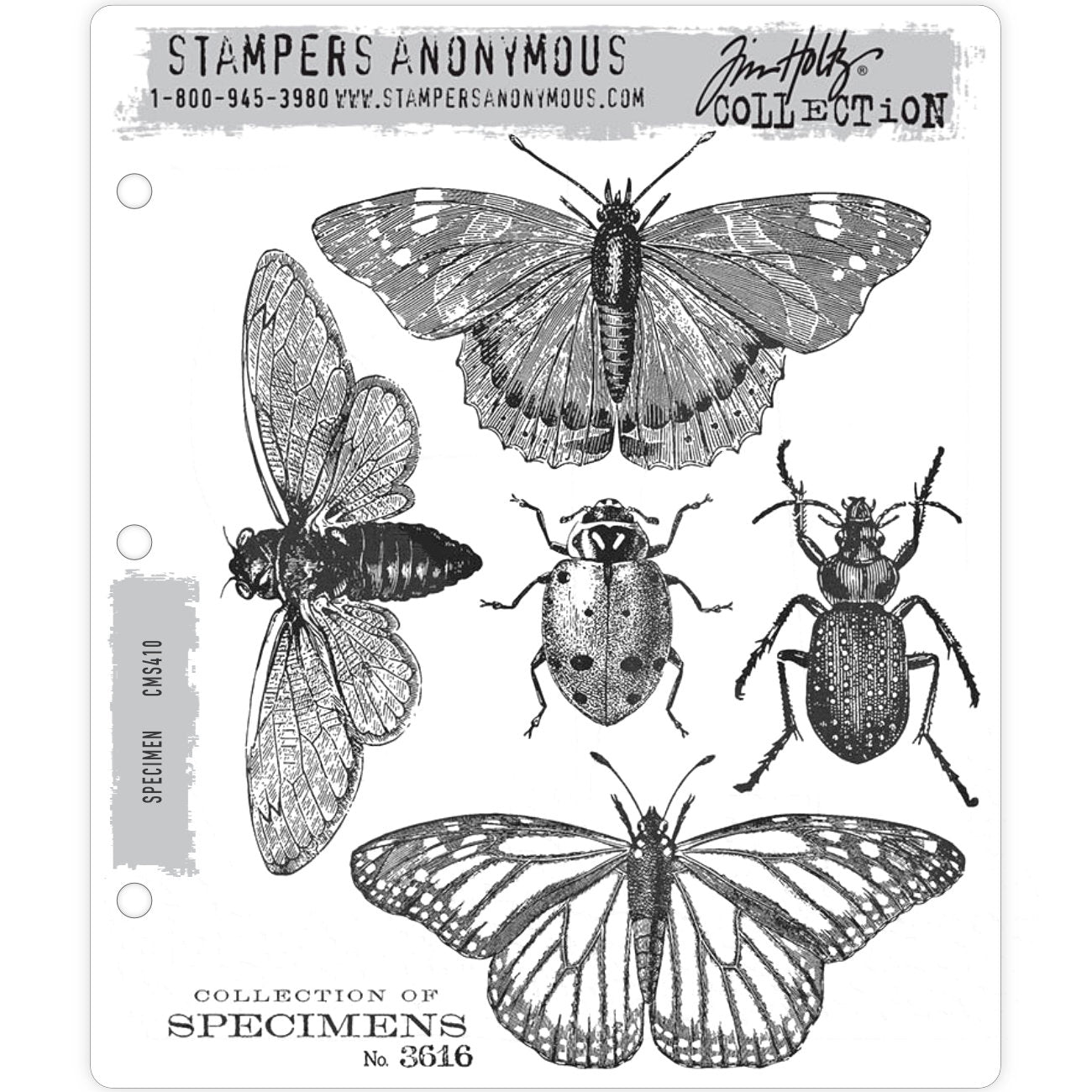 Specimen ... 6 (six) rubber stamps by Tim Holtz (CMS410). Butterflies, moths, ladybug and beetle plus a specimen label. Simply stunning, larger than life, these 5 insects will inspire creativity wherever they fly. Add this ladybeetle, flying cicada, butterfly, moth and ground beetle (?) to your artwork, journal pages, scrapbook spreads - stamp in black or add colour! Create art your way :) Sizes (approx) : butterflies and cicada are 5" wide, ladybird is 2" x 2", beetle is 2" x 2 7/8".