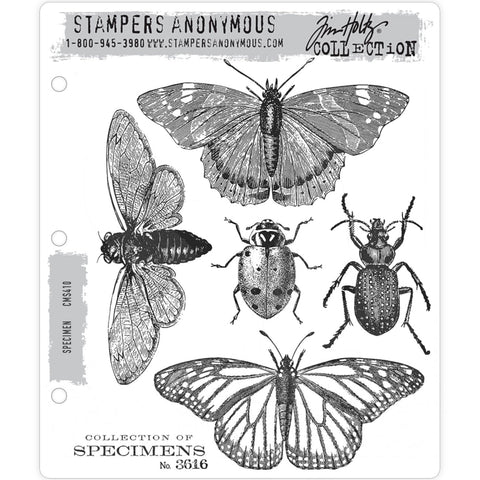Specimen ... 6 (six) rubber stamps by Tim Holtz (CMS410). Butterflies, moths, ladybug and beetle plus a specimen label.  Simply beautiful... larger than life, these 5 insects will inspire creativity wherever they fly. Add this ladybeetle, flying cicada, butterfly, moth and ground beetle (?) to your artwork, journal pages, scrapbook spreads - stamp in black or add colour! Create art your way :)