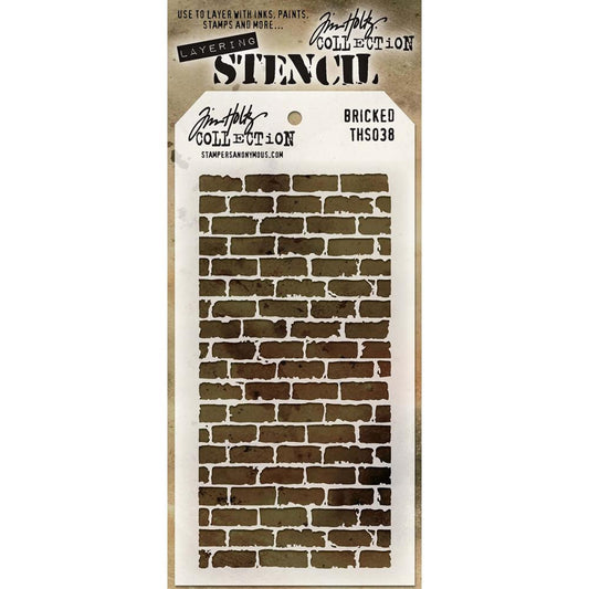Bricked ... layering art stencil by Tim Holtz and Stampers Anonymous (THS038). A tag shaped stencil-mask to use in mixed media, papercrafts, scrapbooking and visual arts. Stencil is 4" x 8 1/2" in size.
Tim's layering stencil 'Bricked' is reminiscent of a fence or wall built using old crumbly blocks, all a similar size. A traditional brick pattern re-designed to compliment the rugged and artistic style of Tim Holtz.