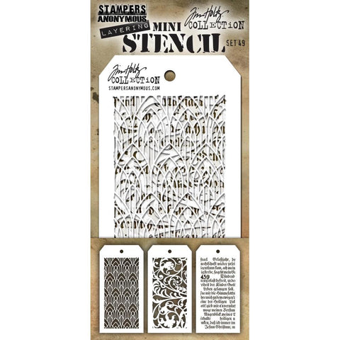 Mini Set 49 - Ironwork, Script, Deco Arch ... 3 (three) layering stencils by Tim Holtz (MTS049). Each stencil is 8cm x 16cm with a design space of approx 6cm x 12.5cm. Pack of 3, one of each design.   Designs in this set are... Deco Arch - a wonderful pattern of Arch Deco style arches placed in alternate rows over the whole surface. Ironwork - beautiful flourishes reminiscent of wrought iron metalwork. Script - olde worlde calligraphy style wording.