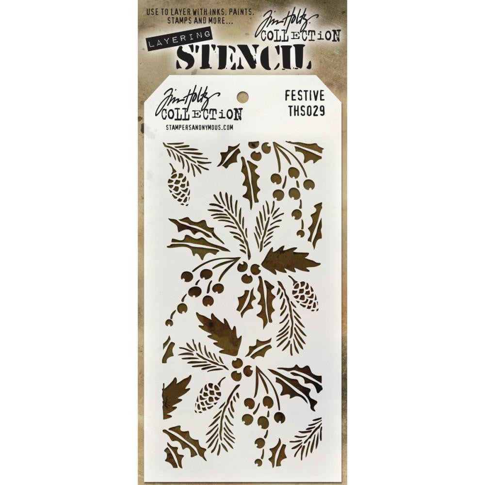 Tim Holtz Layering Stencil - Festive . design of holly, berries and pine tree foliage.