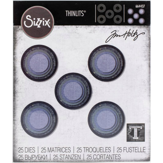 Circles, Stacked Tiles ... Thinlits Die Cutting Templates by Tim Holtz and Sizzix. 5 sizes (2.22cm to 4.45cm), 5 of each size template, 25 dies in total (no. 664437). Stacked Circle Tiles are very versatile Thinlits Die Cutting Templates that can be used to cut out a single shape or up to 25 shapes at once. Stacked Circles cut out rings of different sizes and thicknesses, shapes for holes (frames, portholes, windows), a background of shapes or an abundance of pieces for collage. 