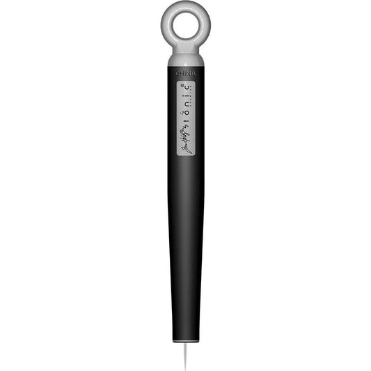 Retractable Craft Pick - by Tim Holtz and Tonic Studios ... this is a 5" long visual arts tool with a black Kushgrip rubber handle, hanging loop and easy to use switch. Use the long steel point for poking holes, lifting layers, clearing nozzles, extends up to 1.25 inches and holds safely in place at various depths. Photo from Tonic Studios, showing tool with point out.